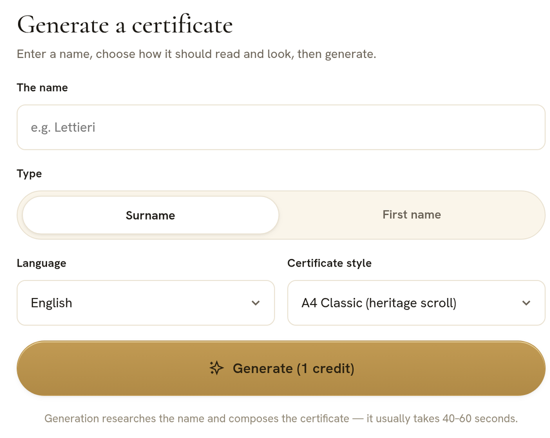 Entering a surname and choosing language and style, then generating