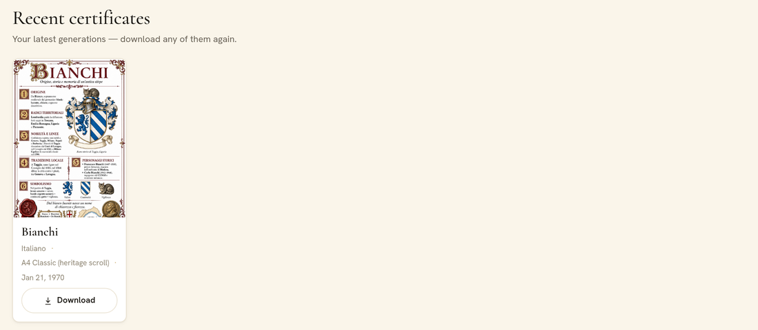 The certificate history list with re-download buttons